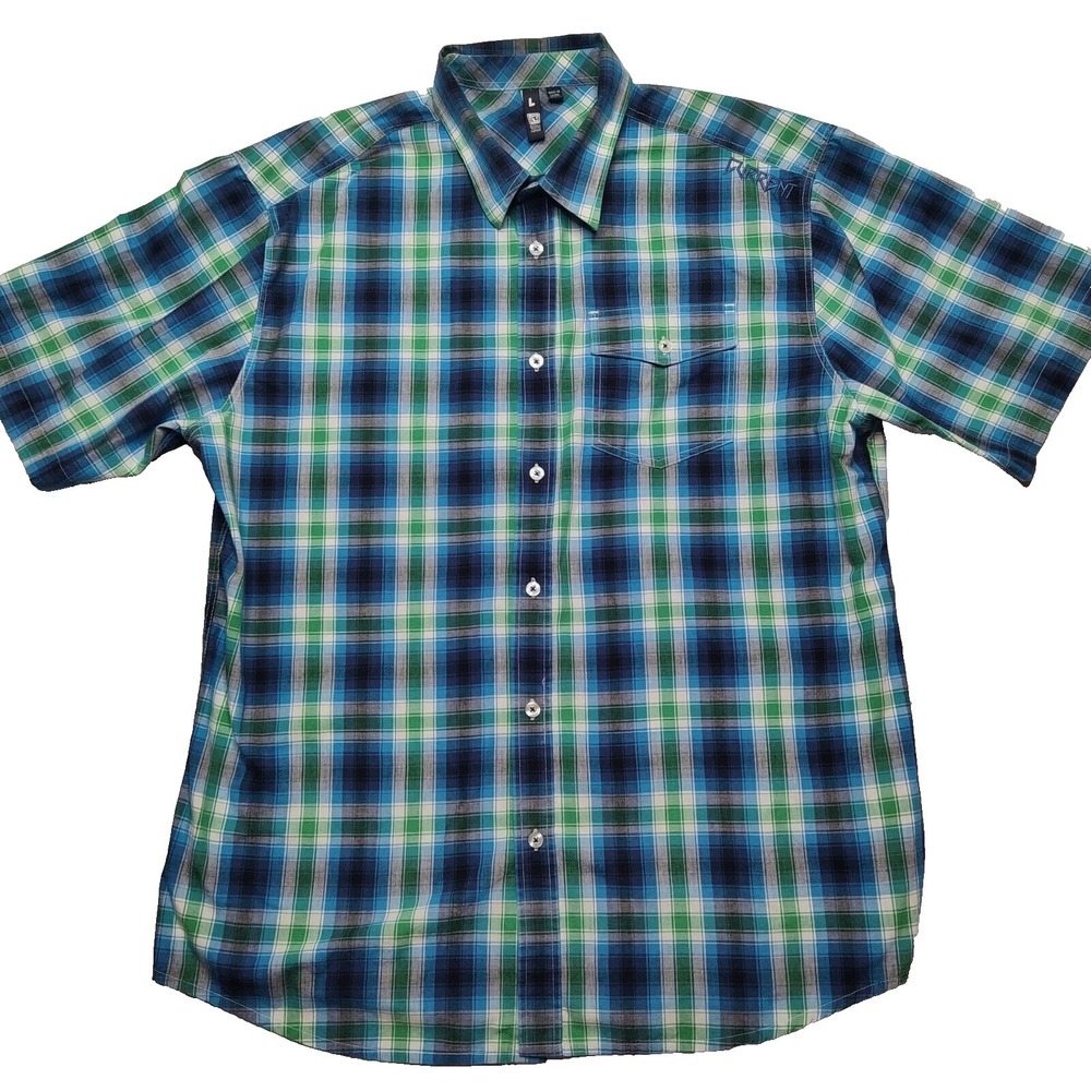 Ocean‎ Current Men Large Blue Green Plaid Button Up Short Sleeve Shirt